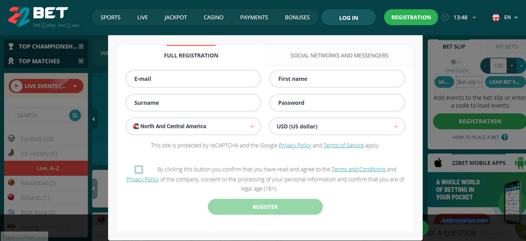 22Bet Quick Registration