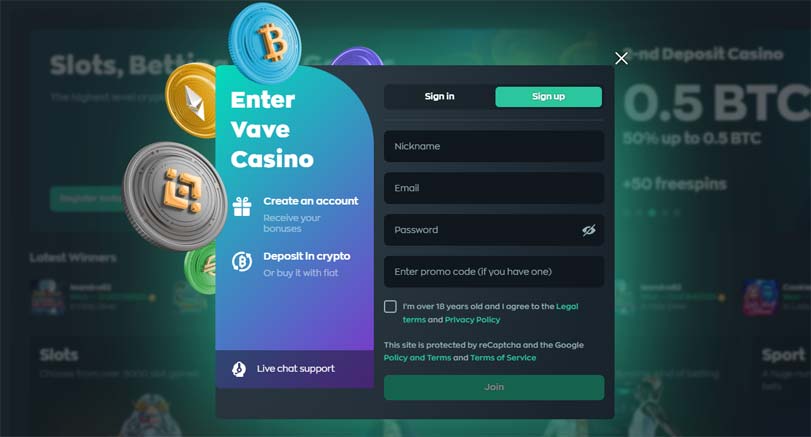 vave casino register